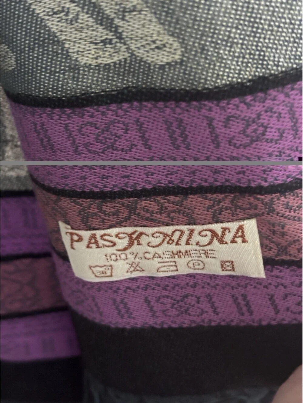 Pashmina Purple Silver  Pink 100% Cashmere Scarf EUC Elephants